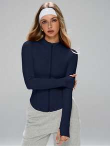 FWH 女士时尚设计小立领户外跑步瑜伽运动休闲风面料舒适弹力视觉塑形收腰基础百搭青春防晒运动夹克长袖春季 - 藏蓝色 - 查看 5