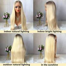 Soft Long Straight Wig Ombre Brown Blonde Synthetic Lace Front Wig Top Swiss HD Transparent Lace Women's Wig - Multicolor - View 10