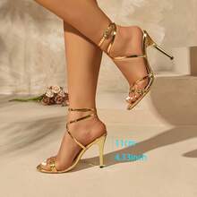新款女士金色搭扣交叉绑带细高跟凉鞋，魅力十足，适合派对、约会、宴会等场合，优雅高跟鞋采用显瘦设计，金色鞋跟 - 金色 - 查看 4