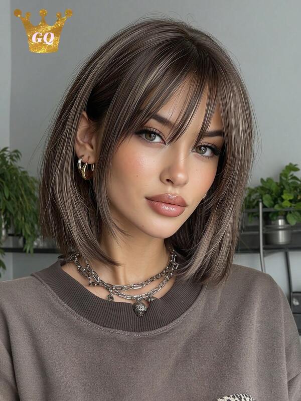 12 Inch Ombre Brown Wig Short With Bangs Natural Looking Synthetic Wigs For Women Daily Wear Girl Wig Gift