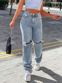 Women's Casual Knee Hole Slim Straight Tapered Jeans Mom Denim Pants Spring - Light Wash - View 2