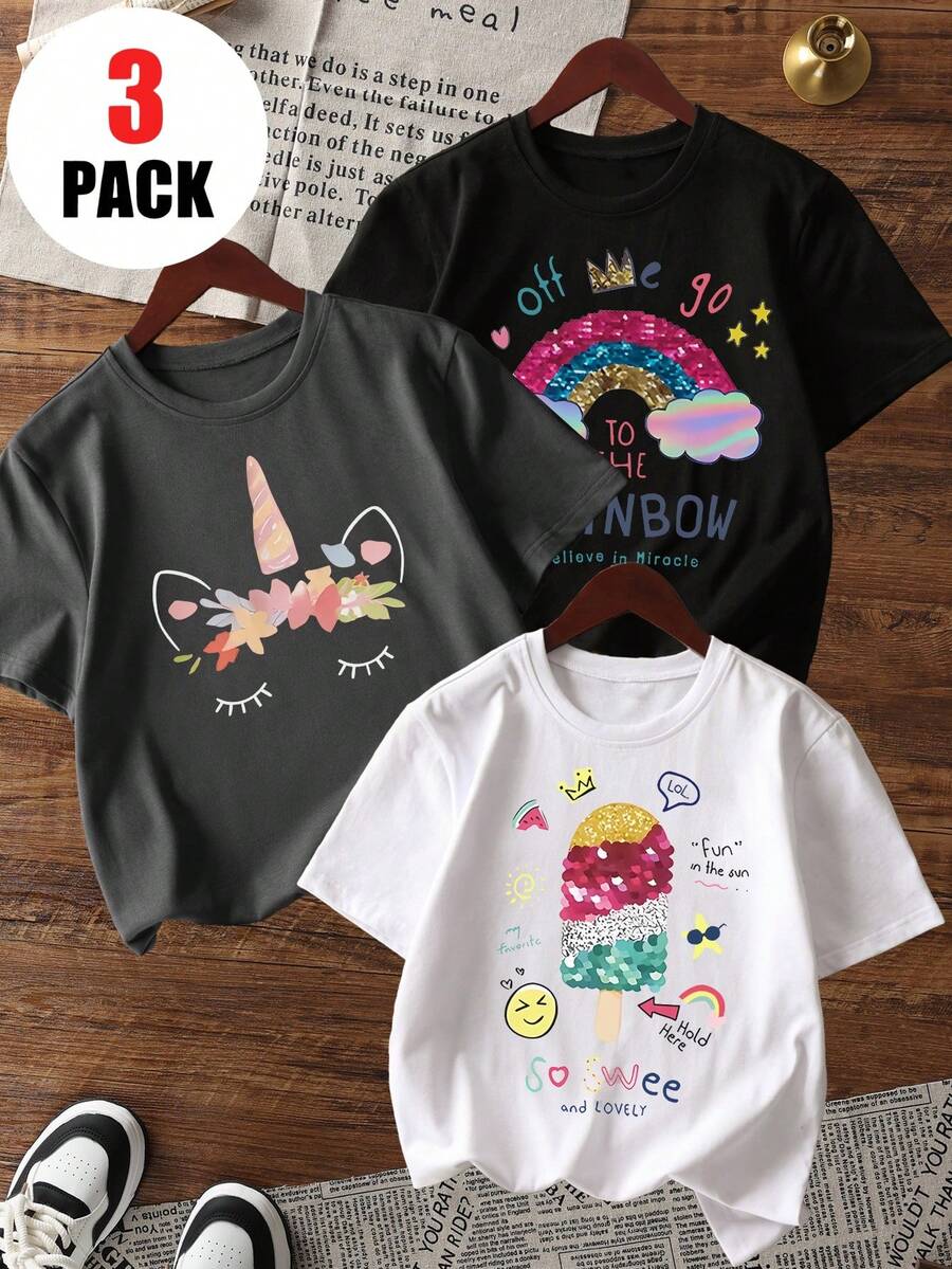 3pcs/Set Girls Casual Smile Graphic Round Neck Short Sleeve T-Shirts, Fashionable & Cute English Prints, Summer Student Clothing, Valentine's Day