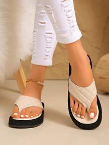 Girl's Thick Sole Flip Flops, Flat Thong Sandals For Summer, Beach Wear - Beige - View 2