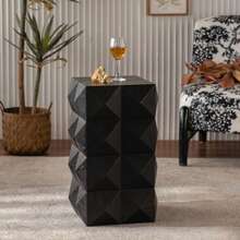 Retro Black Wooden Side Table With A Three-Dimensional Embossed Pattern Design, 60 Cm High. No Assembly Required. - 黑色 - 查看 4