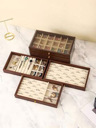 1pc, Luxury Black Walnut Jewelry Box, 3 Layer Wooden Jewelry Storage Box, Drawer Jewelry Box, Transparent Acrylic Jewelry Storage Box, Classic Style, Jewelry Earrings Rings Necklace Bracelet Pendant Storage Display Organizer, Bathroom Storage Box, Desktop Storage Drawer Box, Stackable Storage Box Organizer, Elegant Luxury Display Packaging Box
