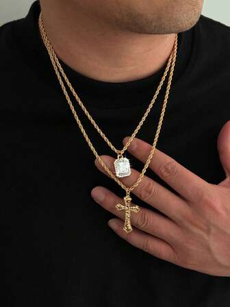 2pcs Fashionable Punk Minimalist Geometric Crystal Cross Pendant Necklace, Men's Charm Jewelry, Suitable For Daily, Party, Holidays, Birthday Gifts, Ideal Men's Gift