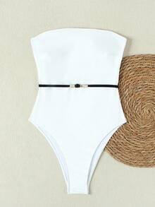 Cream White Bandeau One-Piece Swimsuit With Tie Waist, Sexy Holiday Swimwear - White - View 3