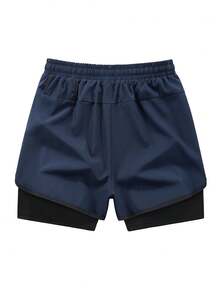1 Stück einfarbige Sporthose, rutschfest und leicht, Doppellagige unisex Paar Shorts für Laufen, Outdoor, Gym, Frühling/Sommer - marineblau - Übersicht 6