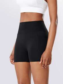 1pc Seamless High Waist Women Sports Shorts, With Side Pockets, Solid Color High Elasticity Compression Cycling Shorts, Suitable For Running, Pilates, Fitness, Yoga, Outdoor Cycling, Casual Wear - Black - View 3