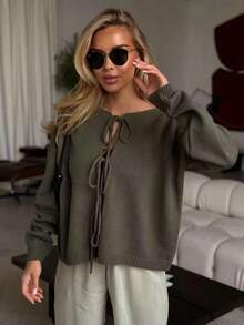 Cárdigan de punto liso con detalle de lazo. Novedad de otoño. Versátil estilo europeo y americano. Jersey holgado de cuello redondo y manga larga para mujer blusas elegantes dama - Verde militar - Ver 5