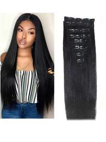 夹式接发片，真人发接发片，自然黑色，圣诞装饰夹式接发片，8片装黑色直发夹式接发片，自然直发接发片，夹式真人发圣诞礼物，适合女性，节日送礼佳品