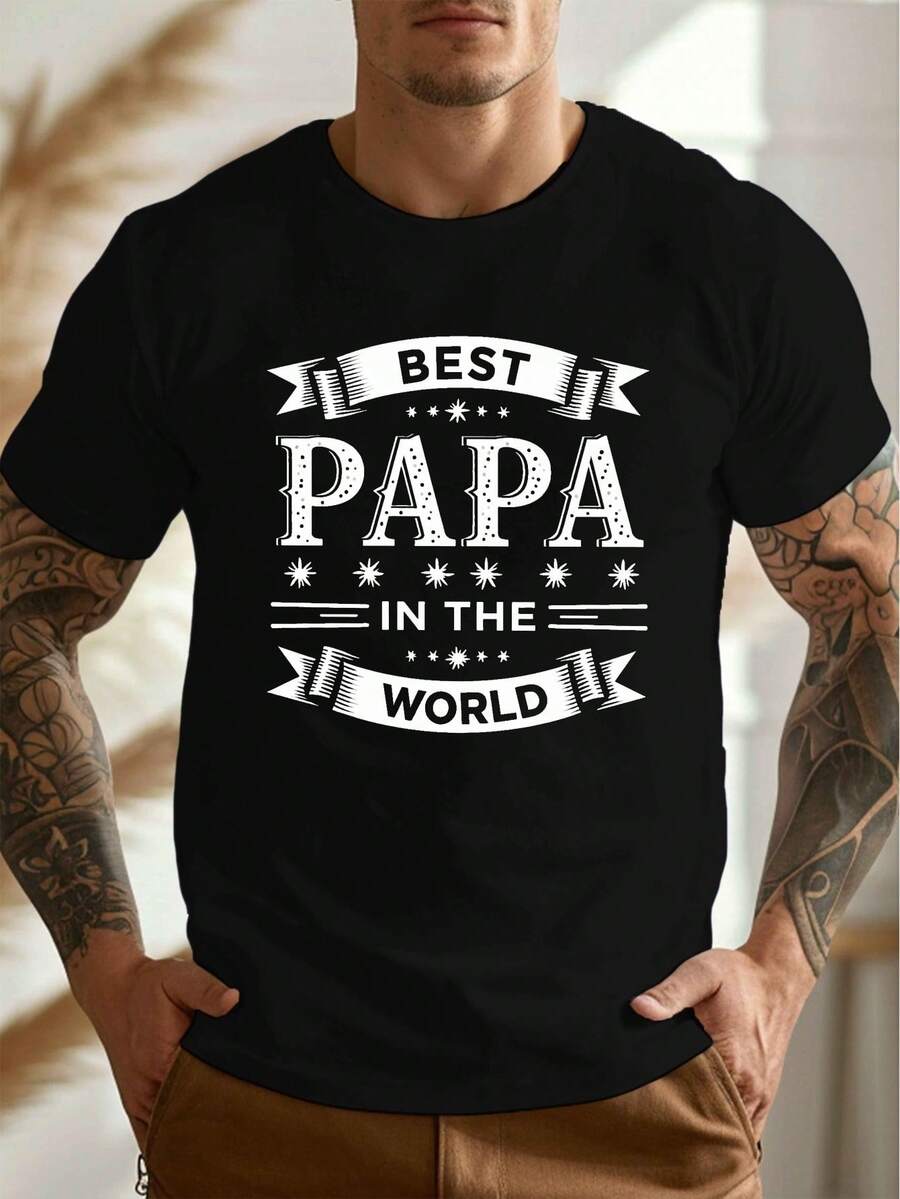 Men's T-Shirt, "World's Best Dad" Graphic Print T-Shirt, Black With White And Gold Lettering, Crew Neck, Short Sleeves, Lightweight Breathable Cotton, Machine Washable, Comfortable For Summer, Bold Text Design, Relaxed Fit Shirt, Perfect Gifts For Dads - 黑色 - 查看 1