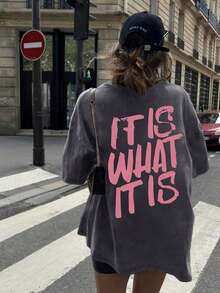 2026LCWomen's Casual Oversized-Shirt - It Is What It Is Letter Print, Loose Round Neck, Double-Sided Design, Short Sleeve, Dark, Suitable SummerCasual Daily Wear Men Shirts,Tees,Mens Clothes,-Shirt,Retro-Shirt,Male And Female Neutral Short Sleeves,Clothes Plus Size,Sweatshirt,Clothes Women,Tops,New Year's Clothing,Womens Tops,Spring,Summer Tops Women,Spring Clothes,Vacation Outfits ,Summer Outfits,Tees Women - 深灰色 - 查看 3