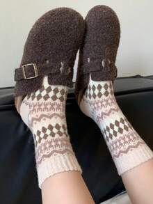 2/5双装女士多色组合袜子，菱形印花和费尔岛雪花图案，仿羊毛针织面料，加厚款，适合秋冬季节，男女皆宜，复古水手袜，适合居家、通勤、上学、约会、节日礼物 - 彩色 - 查看 6