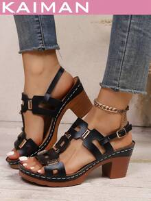 1 đôi sandal cao gót thời trang mới dành cho nữ, họa tiết hình học, khoét rỗng, đính đinh tán, chất liệu da PU, kiểu dáng thời trang và phá cách, phù hợp cho bãi biển, tiệc tùng, mùa xuân/hè. - màu đen - Xem 3