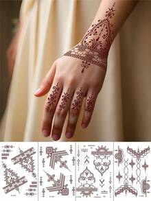 4 Sheets Henna Tattoo Lace Henna Temporary Tattoos For Women Waterproof Fake Tattoos Stickers For Wedding Festival Party Decorations - Brown - View 10