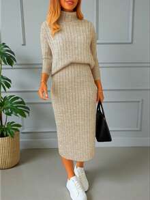 Conjunto Falda y Sueter Tedido de Punto Comodo #SensaciónDelujo #EstiloRomanticoDeSanValentín - Beige Rayas - Ver 2
