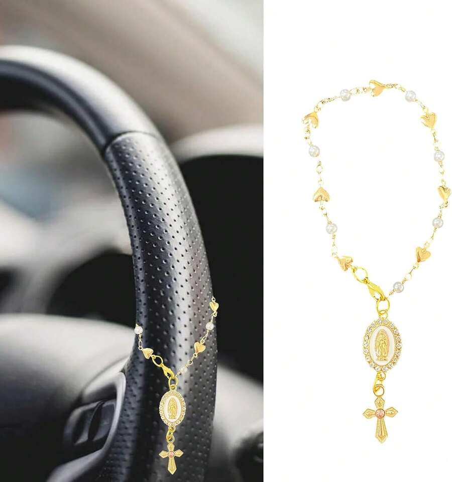 Steering Wheel Rosary Charm Accessory, Cross For Car, Car Rosary For Automotive Protection Charm Decor, Car Rosary For Rearview Mirror, Religious Catholic Gift - B - 查看 1