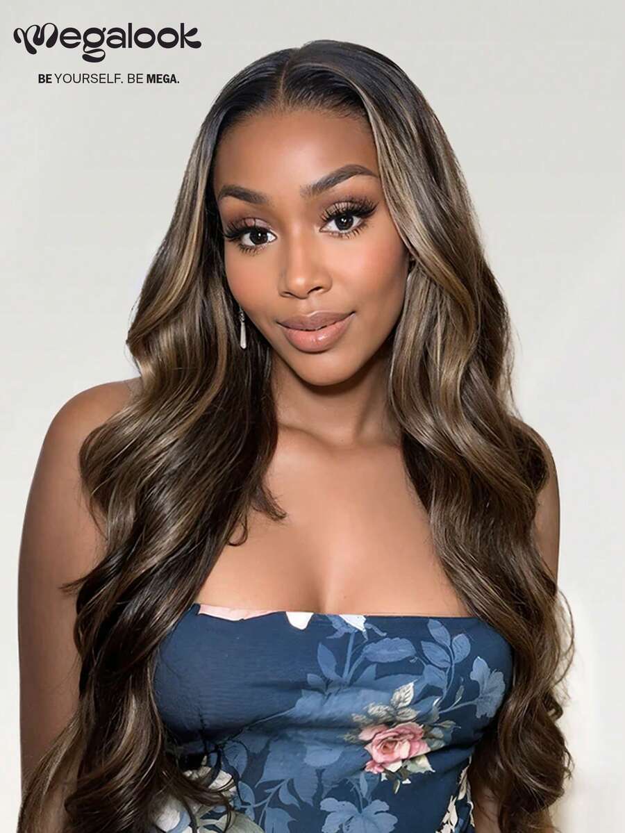 MEGALOOK Balayage Highlight Body Wave Perücke 5x5 Spitze 100% Echthaar Transparenter Spitzenverschluss Perücke Winzige Knoten Natürliche Haaransatz Highlight Farbige Perücken 18-26 Zoll - Natürlich aussehend für den täglichen Gebrauch, Bürobereit, Corpse Bride Halloween Vibes, Party Stil Y2K Baddie, Urlaubsoutfits, Outdoor Cosplay, Campus Schule, Weihnachten, Hochzeit, Festival, für Frauen geeignet - SNATURAL/27 - Übersicht 1