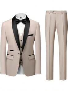Caelus Male Groom Wedding Blazers High Quality Dress Jacket Coat Pants Vest Men 3 Pieces Set Formal Slim Tuxedo Prom Suit Business Networking Formal Tuxedo Prom Suit Work Office Suit - Beige - View 3