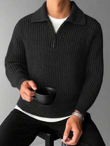 1pc Teen Boys Minimalist Versatile Fashion Personalized Solid Color Comfortable Casual Outdoor Zip-Up Warm Thick Knit Sweater, Spring/Autumn/Winter