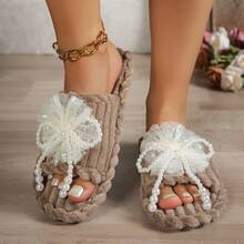 女士蝴蝶结平底拖鞋，棕色，优雅布艺串珠时尚休闲室内鞋，秋冬季 - 棕色 - 查看 3