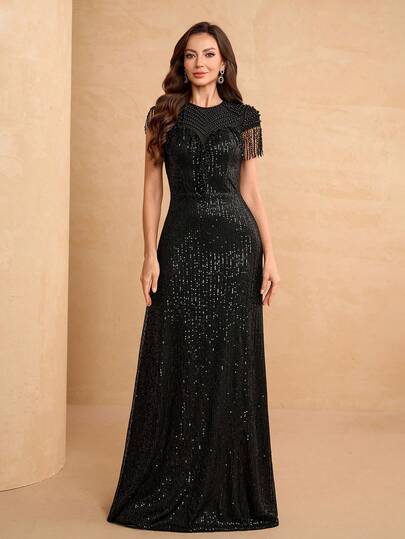 YISIKADO 优雅女士黑色亮片长款正式礼服，圆领短袖，饰有撞色网纱细节，是晚宴活动的完美之选。
