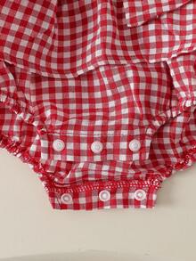Tutina senza maniche per neonata e bambina, carina a quadri, con decorazione fiocco 3D e design con bottoni, colore rosso, adatta per San Valentino, regalo di compleanno, uso quotidiano, primavera/estate - Rosso - Visualizzare 9