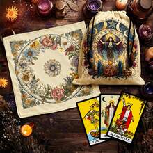 1pc Enchanting Vintage Floral Design Tarot Tablecloth With Tarot Bag - Vibrant Polyester Altar Mat With Celestial & Floral Design For Tarot Reading, Witchcraft & Astrology, Tarot Tablecloth Boho Playmat Cloth Home Decor