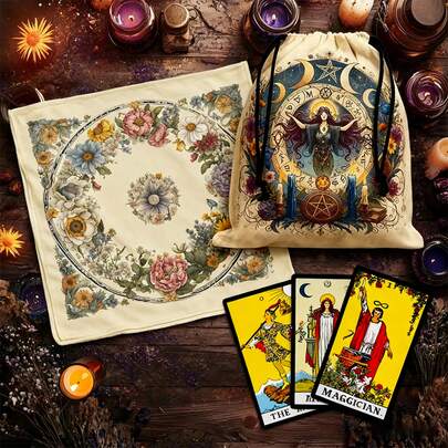 1pc Enchanting Vintage Floral Design Tarot Tablecloth With Tarot Bag - Vibrant Polyester Altar Mat With Celestial & Floral Design For Tarot Reading, Witchcraft & Astrology, Tarot Tablecloth Boho Playmat Cloth Home Decor