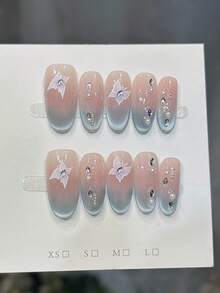 10片手工椭圆形美甲贴片，中号，柔和粉色美甲，闪亮猫眼美甲，蓝色渐变法式美甲，蝴蝶美甲贴纸镶嵌小钻石珍珠链，简约优雅手工秋季美甲，秋季按压式美甲，Y2K风格节日美甲，适合日常、约会、海滩、热带度假等场合，DIY假指甲，适合女性和女孩作为礼物，美甲用品 - 彩色 - 查看 2