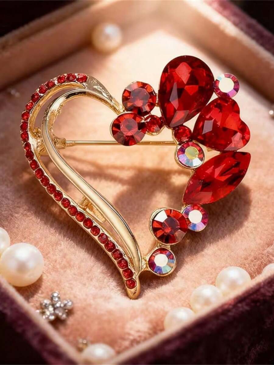 1枚优雅红色心形胸针，时尚水晶3D别针，适合作为情人节礼物和日常佩戴 - 紅色 - 查看 1