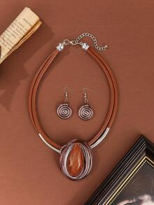 夸张多层手工编织重铝丝蜡线波西米亚欧美中东韩风晚宴假日女士蜡线树脂几何项链耳环 - 白色 - 查看 6