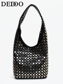 2024新款软皮手提包，小丑图案，简约单肩包，铆钉装饰，大容量女士手提包，方便购物、商务、休闲出行，光泽亮丽，豹纹印花 - 黑色 - 查看 9