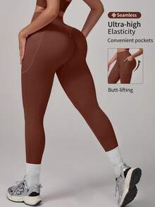 Seamless High Elastic Hip Lift Abdominal High-Waist Sports Leggings For Women, Women Both Sides Of The Pocket Design Leggings,Comfortable Breathable Leggings Suitable For Yoga Fitness Running, Multi-Color Optional (Black/Blue/Gray/Hot Pink/Brown) - 棕色 - 查看 1