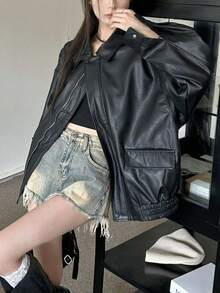 Chaqueta para mujer Chaqueta retro de cuero marrón para mujer - Estilo corto para primavera/otoño Chaqueta de cuero holgada estilo coreano para mujeres bajitas Chaqueta motera elegante con cremallera, cuello vuelto, botones y bolsillos Chaqueta de cuero informal y desenfadada de corte holgado - Negro - Ver 7