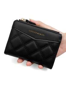 2025 短款女士钱包 刺绣 TPU 拼接学生卡包 零钱包 简约手提包卡套 女士钱包 迷你钱包 小钱包 可爱钱包 女士钱包 - 黑色 - 查看 3