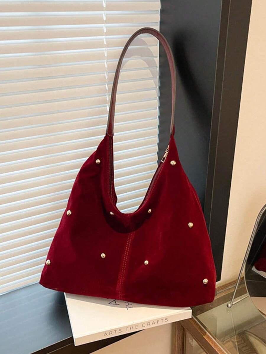 Nueva y de moda bolso de mano con estilo de chica caliente, bolso de tote, bolso de remache, bolso cruzado de terciopelo personalizado para el transporte de mujeres - Burdeos - Ver 1
