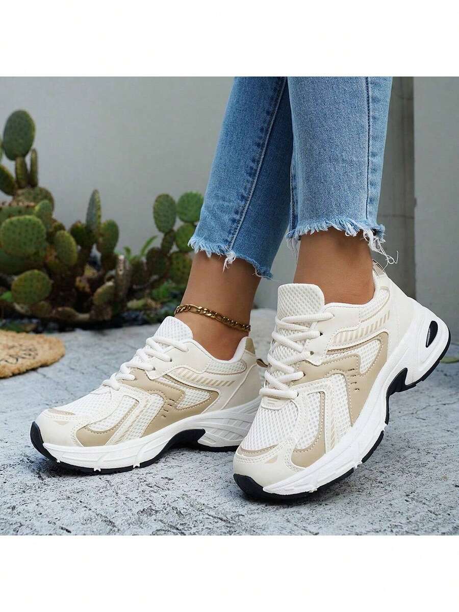 Leather Thick-Sole Wedge Sneakers, 2025 Spring Summer New Mesh Breathable Running Shoes, Women Casual Sport Shoes Music Fest Y2K Fest Back To School Autumn Christmas Christmas Winter Christmas Gifts - 米色 - 查看 1