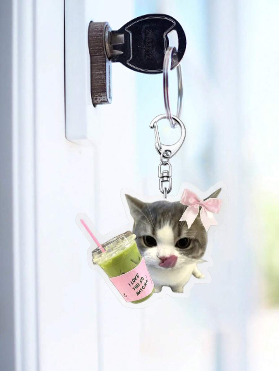 1个可爱小猫夏季亚克力钥匙扣,卡哇伊抹茶蝴蝶结饮料钥匙扣/咖啡蝴蝶结饮料/可爱小猫手捧咖啡钥匙扣,2D亚克力吊坠,夏季清爽饮品吊坠,包包吊坠,日常佩戴及节日礼物,ins风 - 彩色 - 查看 1