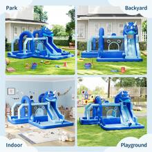 Castillo inflable de dinosaurio con tobogán y soplador de aire, castillo inflable de tela Oxford para niños, casa inflable cosida duradera con gran área de juegos para patio, diversión familiar en interiores y exteriores - Azul - Ver 5