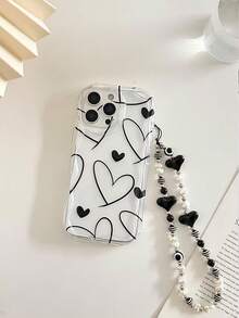 Cream Wavy Edge Glossy Heart Painting Anti-Drop Phone Case With Beaded Bracelet Accessory, Compatible With IPhone, Compatible With Galaxy, Compatible With Redmi,International Version, Not The Domestic Version - Multicolor - View 3
