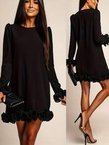 Women's Elegant Black Mini Dress With Ruffle Hem And Cuffs, A-Line Mini Dress Spring - Black - View 3