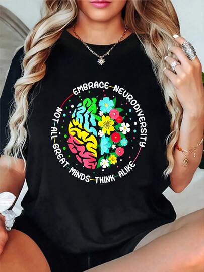 100% Cotton Embrace Neurodiversity Brain Autism Awareness ADHD Autistic T-Shirt Women's Men's Graphic Tee Crew Neck Classic Fashion Summer Vacation Tops