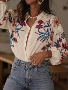 Spring And Summer New Women's Clothing Tops, Floral Print Single-Button Versatile Slimming And Fashionable Shirts, Lapel Long-Sleeved Shirts - White - View 1