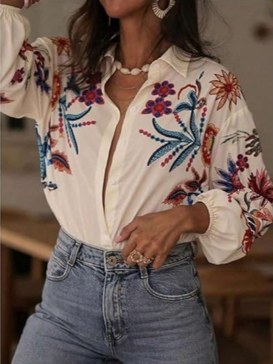 Spring And Summer New Women's Clothing Tops, Floral Print Single-Button Versatile Slimming And Fashionable Shirts, Lapel Long-Sleeved Shirts - White - View 1