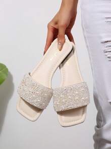 Sandales de plage ornées de strass, mules légères de style coréen de luxe, à enfiler, décorées de perles, sandales plates confortables pour les vacances, tongs pailletées pour l'intérieur/extérieur pour femmes, grandes tailles - Beige - Voir 4