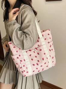 1pc Women's Fashion Commuter Strawberry Print Shoulder Bag, Portable Versatile Large Capacity Shoulder Tote Bag, Suitable For Dates, Shopping, Outings, Travel - Pink - View 1