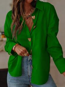 Green Front Button Long Sleeve Blouse For Plus Size Women, Dropped Shoulder Heart-Shaped Button Loose Casual Woven Fabric, Elegant Versatile Work Wear Top Spring - Green - View 4