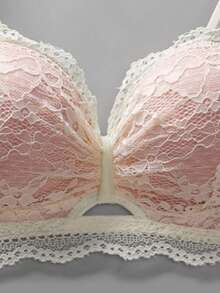 女士粉色新款性感蕾丝文胸，提拉、防下垂、镂空、聚拢、加垫、工字背钢圈文胸 [适合娇小胸型] - 粉色 - 查看 3
